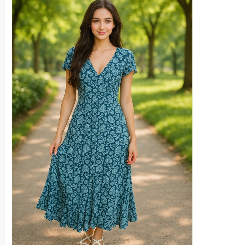 Y2K Liz Claiborne Vintage blue floral Maxi Dress ruffle bias fairy cottage 10